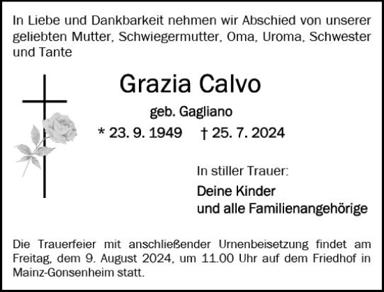 Traueranzeige von Grazia Calvo von Allgemeine Zeitung Mainz