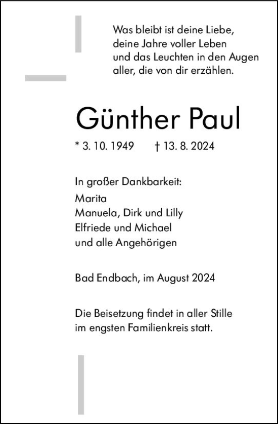 Traueranzeige von Günther Paul von Hinterländer Anzeiger