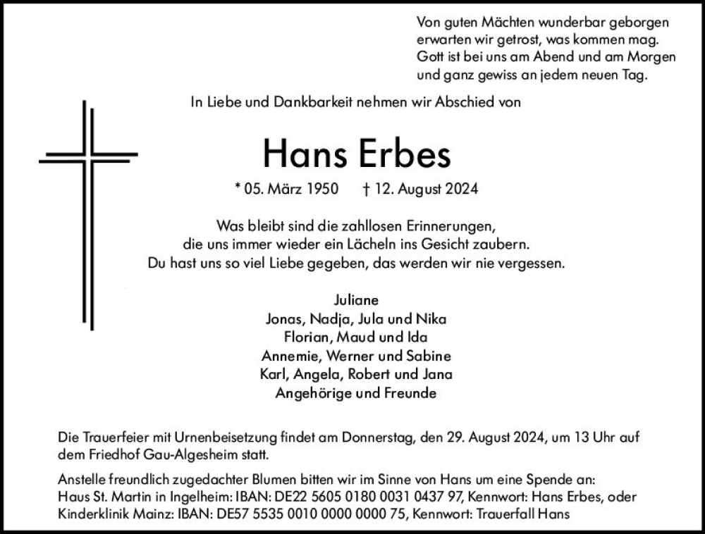  Traueranzeige für Hans Erbes vom 17.08.2024 aus Allgemeine Zeitung Rheinhessen-Nahe