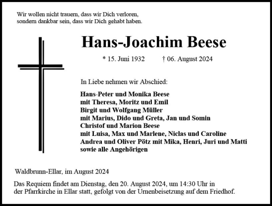 Traueranzeige von Hans-Joachim Beese von Nassauische Neue Presse