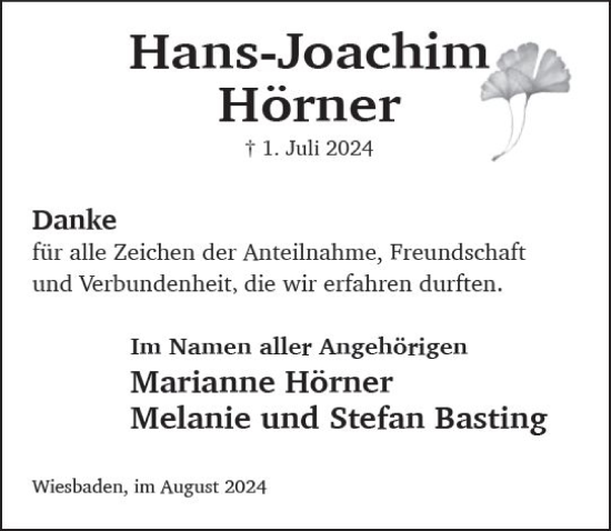 Traueranzeige von Hans-Joachim Hörner von Wiesbadener Kurier