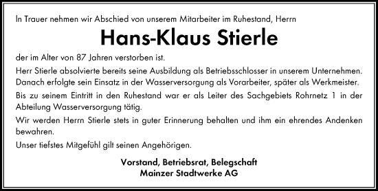 Traueranzeige von Hans-Klaus Stierle von Allgemeine Zeitung Mainz