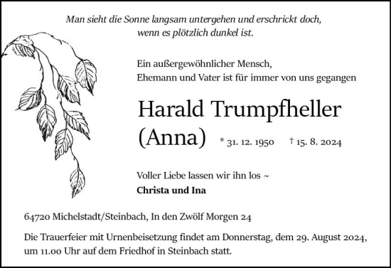 Traueranzeige von Harald Trumpfheller von Odenwälder Echo