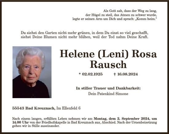 Traueranzeige von Helene Rosa Rausch von Allgemeine Zeitung Rheinhessen-Nahe