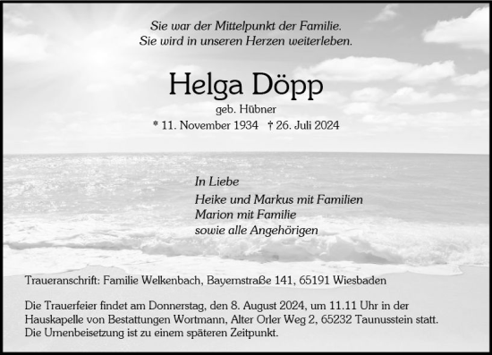 Traueranzeige von Helga Döpp von Wiesbadener Kurier