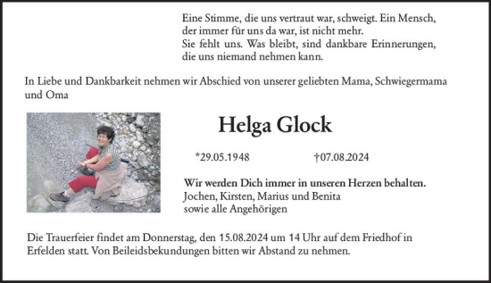 Traueranzeige von Helga Glock von Groß-Gerauer Echo