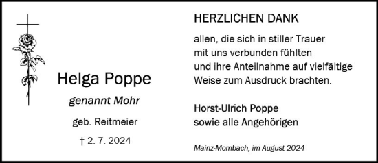 Traueranzeige von Helga Poppe von Allgemeine Zeitung Mainz