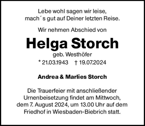 Traueranzeige von Helga Storch von Wiesbadener Kurier