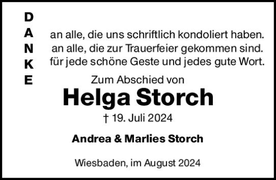 Traueranzeige von Helga Storch von Wiesbadener Kurier