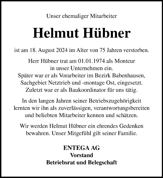 Traueranzeige von Helmut Hübner von Odenwälder Echo