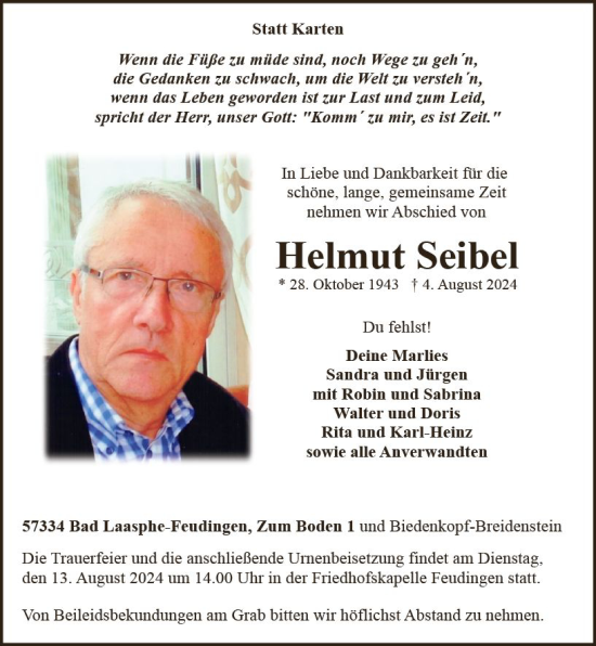 Traueranzeige von Helmut Seibel von Hinterländer Anzeiger