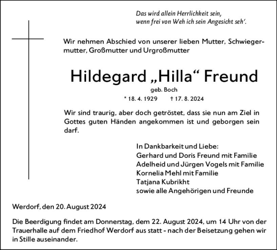 Traueranzeige von Hildegard Freund von Wetzlarer Neue Zeitung