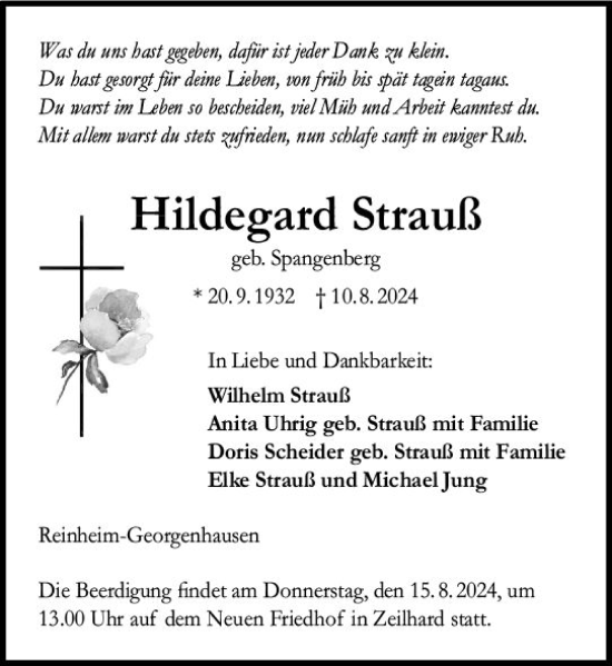 Traueranzeige von Hildegard Strauß von Odenwälder Echo