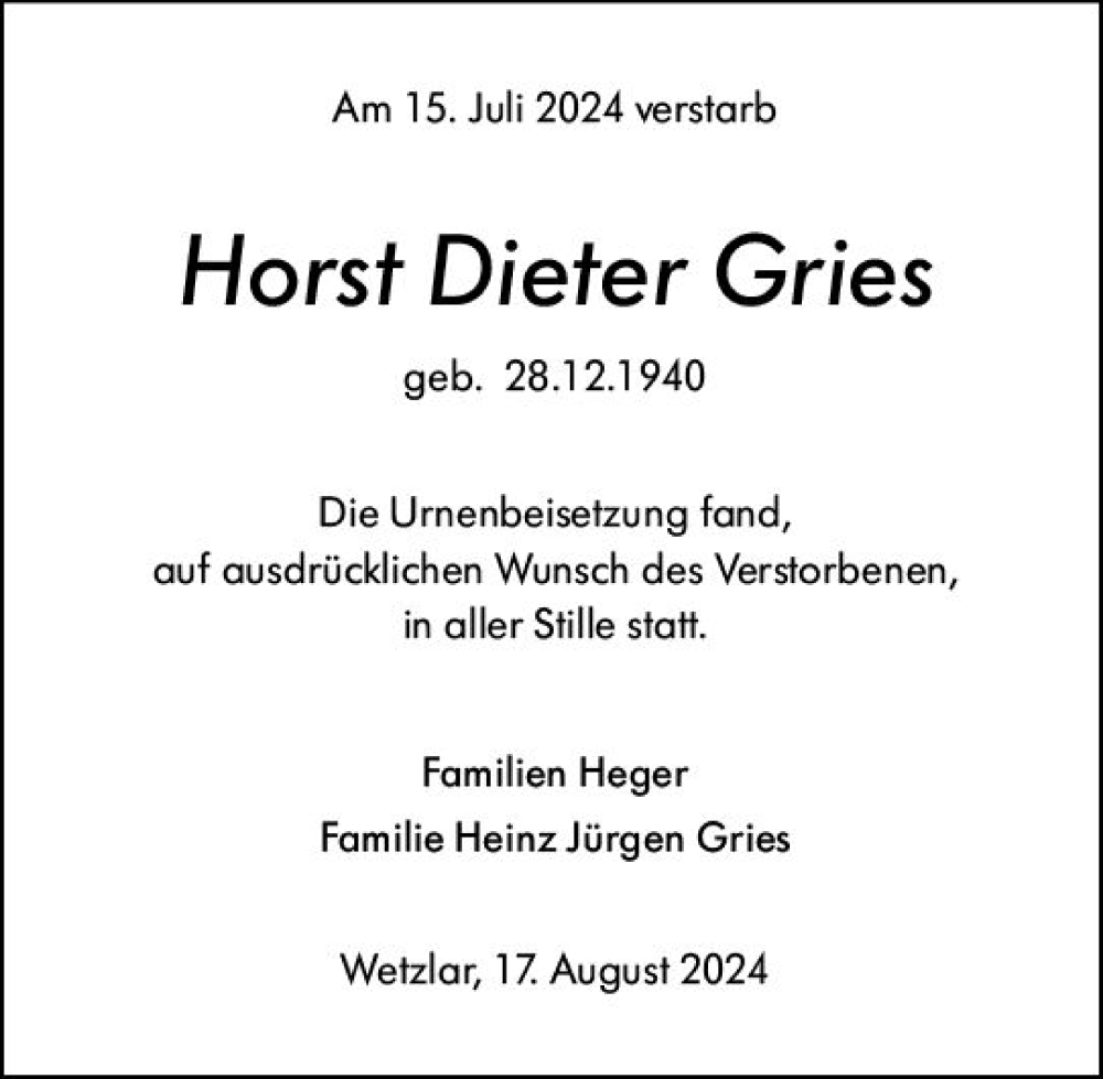  Traueranzeige für Horst Dieter Gries vom 17.08.2024 aus Wetzlarer Neue Zeitung