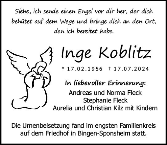 Traueranzeige von Inge Koblitz von Binger-/Ingelheimer Wochenblatt