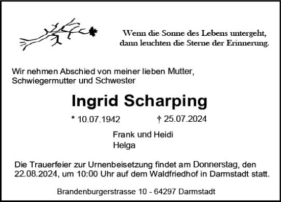 Traueranzeige von Ingrid Scharping von Darmstädter Echo