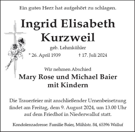 Traueranzeige von Ingrid Elisabeth Kurzweil von Wiesbadener Kurier