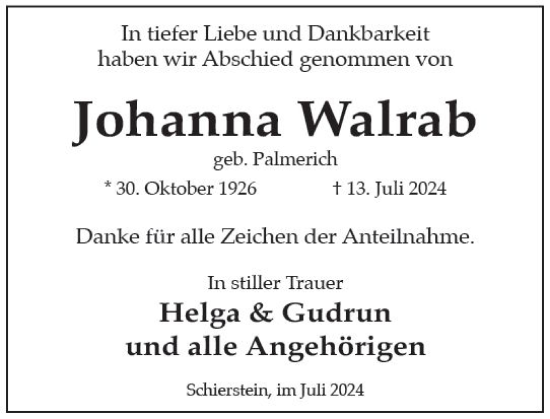 Traueranzeige von Johanna Walrab von Wiesbadener Kurier