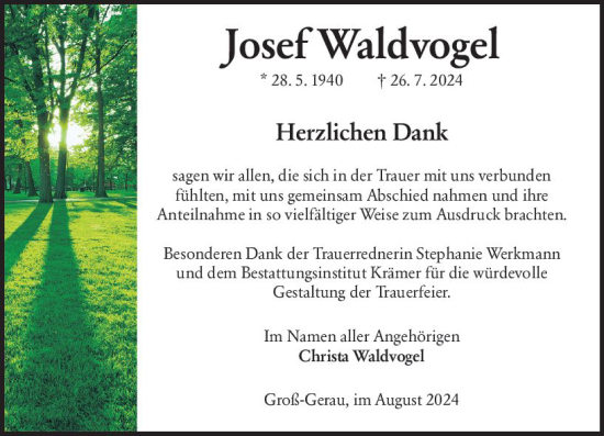 Traueranzeige von Josef Waldvogel von Groß-Gerauer Echo