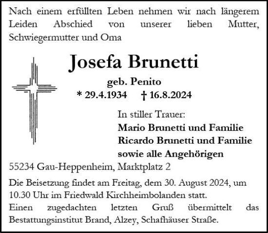 Traueranzeige von Josefa Brunetti von Allgemeine Zeitung Alzey