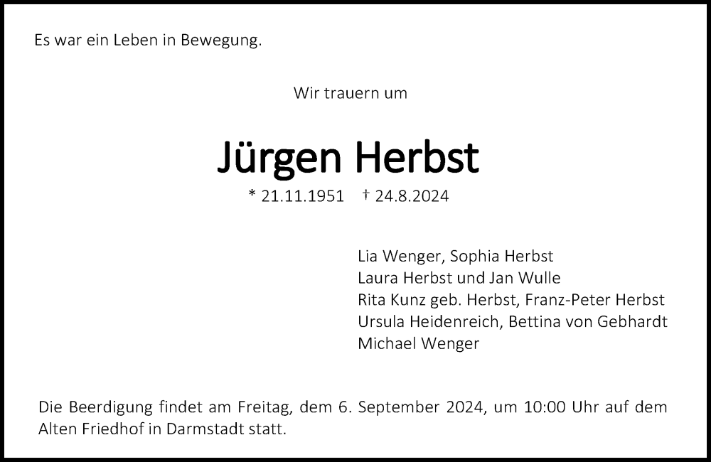  Traueranzeige für Jürgen Herbst vom 31.08.2024 aus Darmstädter Echo