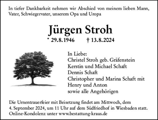 Traueranzeige von Jürgen Stroh von Wiesbadener Kurier