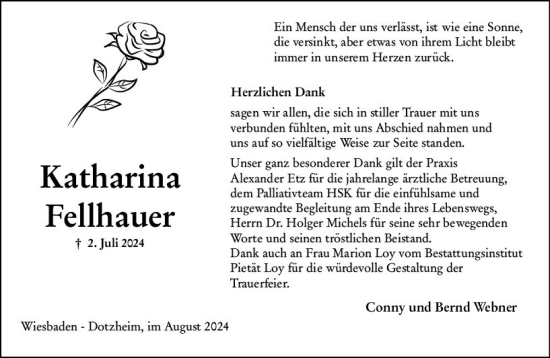 Traueranzeige von Katharina Fellhauer von Wiesbadener Kurier