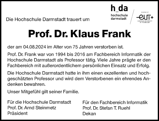 Traueranzeige von Klaus Frank von Darmstädter Echo