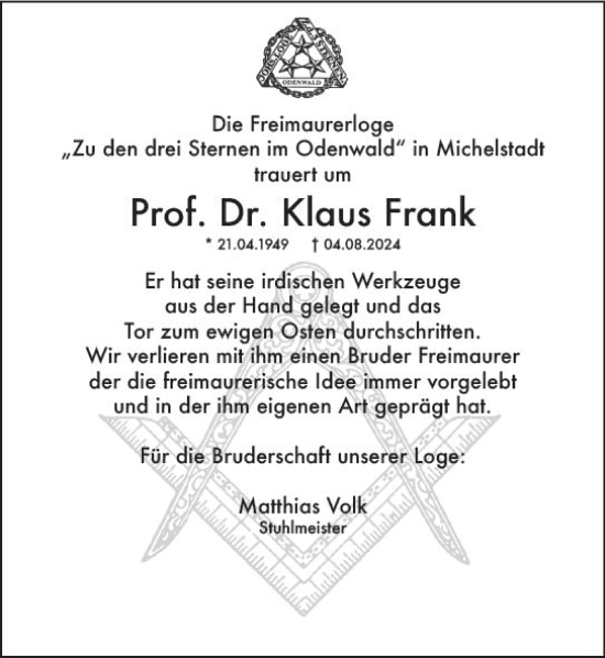 Traueranzeige von Klaus Frank von Odenwälder Echo