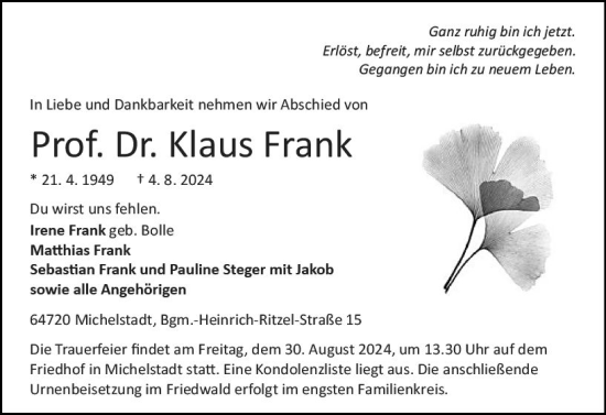 Traueranzeige von Klaus Frank von Odenwälder Echo