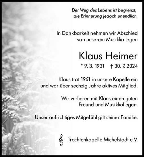 Traueranzeige von Klaus Heimer von Odenwälder Echo