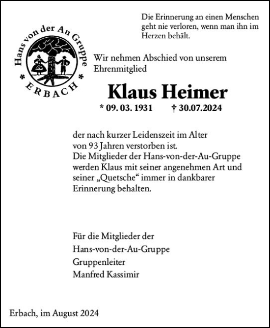 Traueranzeige von Klaus Heimer von Odenwälder Echo