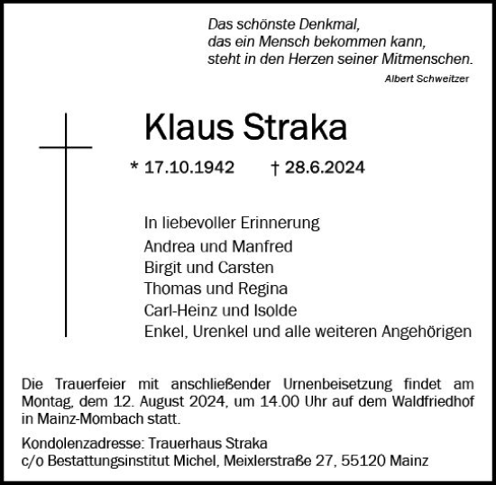 Traueranzeige von Klaus Straka von Allgemeine Zeitung Mainz