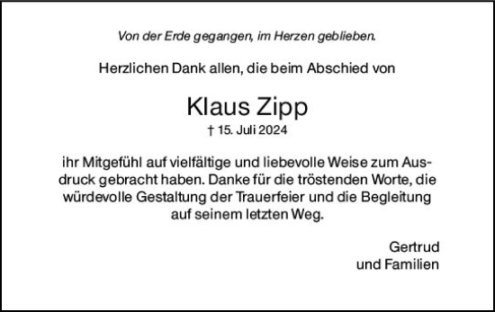 Traueranzeige von Klaus Zipp von Wetzlarer Neue Zeitung