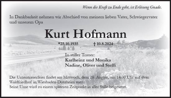 Traueranzeige von Kurt Hofmann von Wiesbadener Kurier