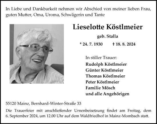 Traueranzeige von Lieselotte Köstlmeier von Allgemeine Zeitung Mainz