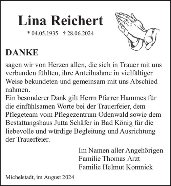 Traueranzeige von Lina Reichert von Odenwälder Echo