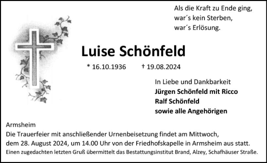 Traueranzeige von Luise Schönfeld von Allgemeine Zeitung Alzey