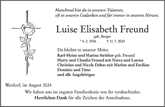 Traueranzeige von Luise Elisabeth Freund von Wetzlarer Neue Zeitung