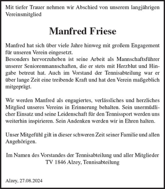 Traueranzeige von Manfred Friese von Allgemeine Zeitung Alzey