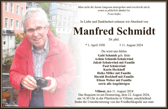 Traueranzeige von Manfred Schmidt von Nassauische Neue Presse