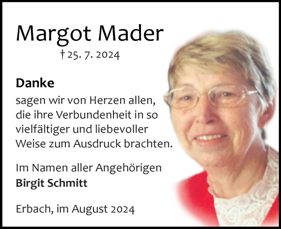 Traueranzeige von Margot Mader von Odenwälder Echo