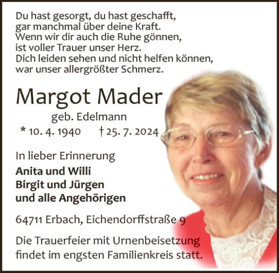 Traueranzeige von Margot Mader von Odenwälder Echo