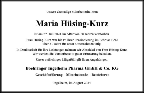 Traueranzeige von Maria Hüsing-Kurz von Allgemeine Zeitung Rheinhessen-Nahe