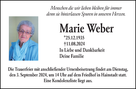 Traueranzeige von Marie Weber von Odenwälder Echo