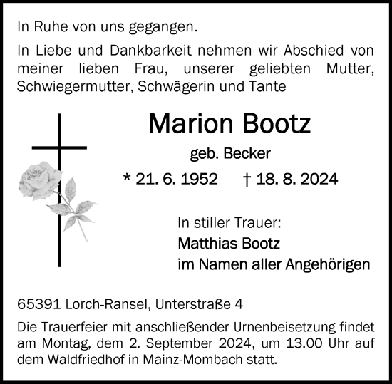 Traueranzeige von Marion Bootz von Allgemeine Zeitung Mainz