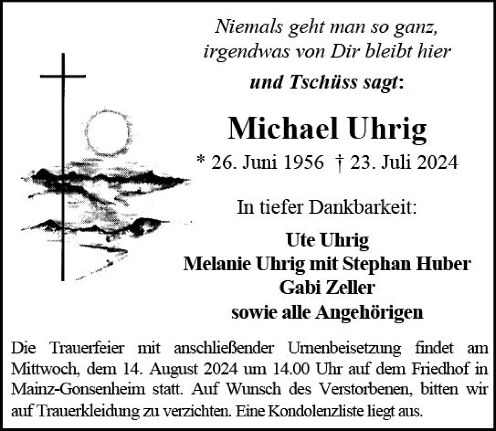  Traueranzeige für Michael Uhrig vom 10.08.2024 aus Allgemeine Zeitung Mainz