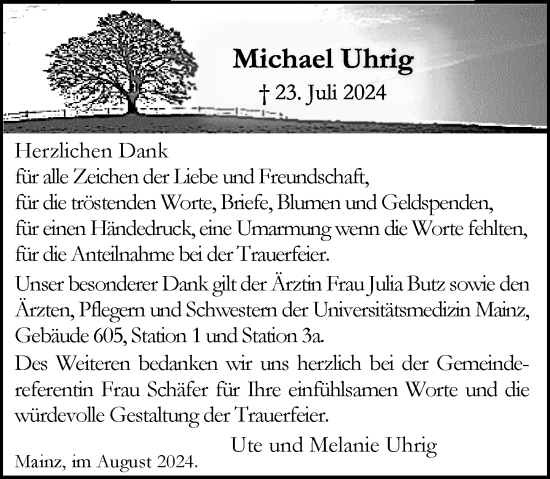 Traueranzeige von Michael Uhrig von Allgemeine Zeitung Mainz