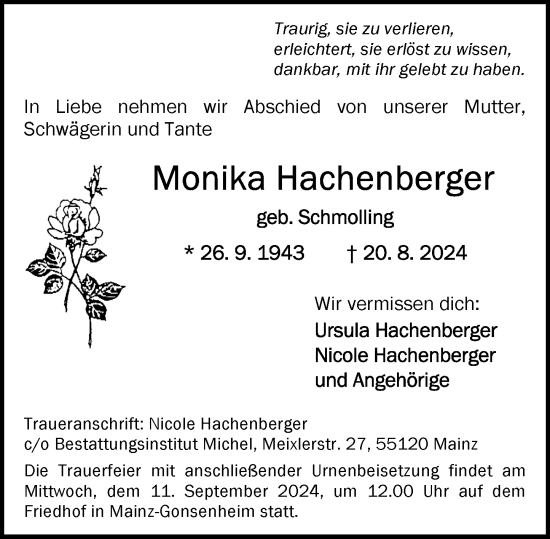 Traueranzeige von Monika Hachenberger von Allgemeine Zeitung Mainz