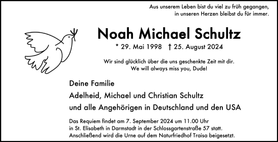 Traueranzeige von Noah Michael Schultz von Darmstädter Echo